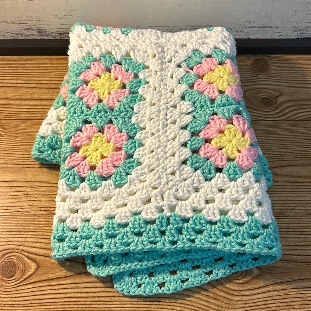 White Pink Yellow Baby Hand Crochet Nursery Blanket- Vintage